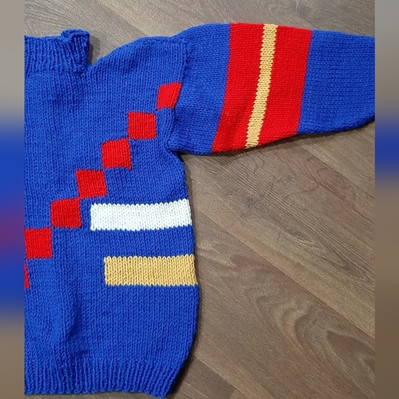 Handknit Boys Blue Color Block Sweater Handmade by Grammy M See Measurements - Picture 3 of 5